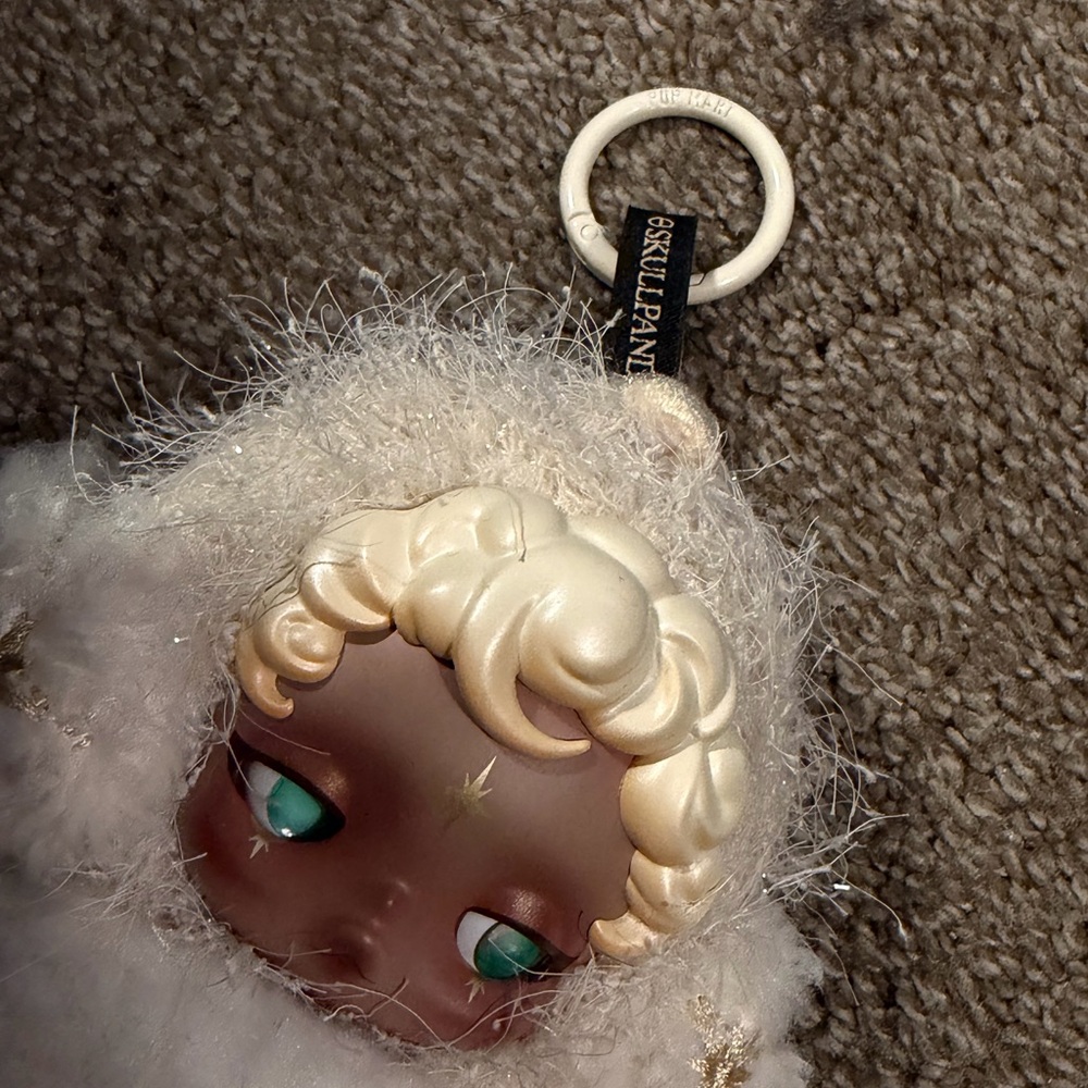 Plush Cream Fuzzy Doll Keychain with Teal Eyes - Picture 2 of 4